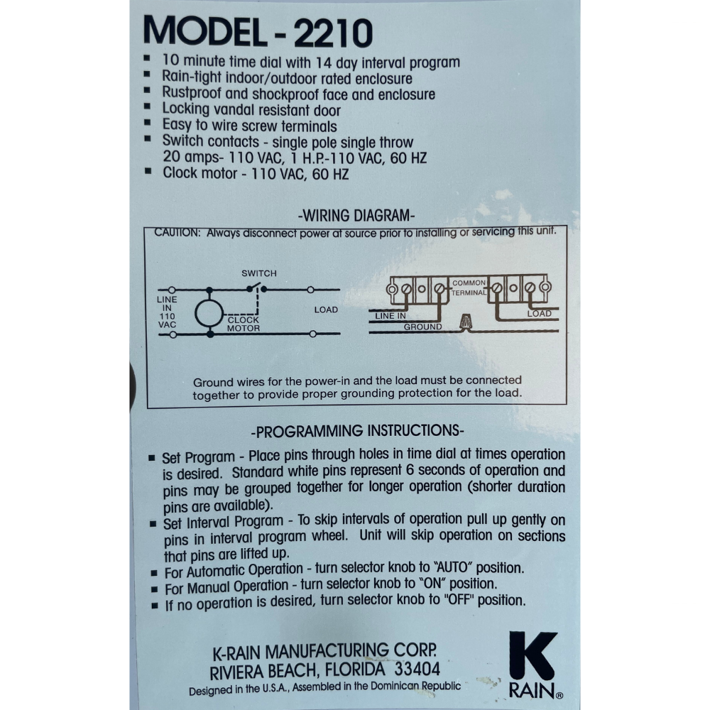 K-Rain - 2210 - Short Duration Single Station Controller 110V IN 110V OUT