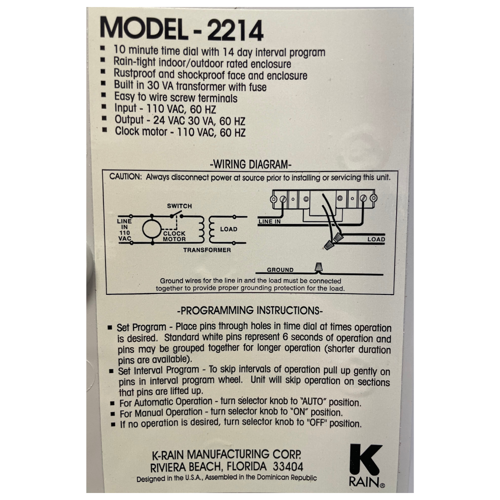 K-Rain - 2214 - Short Duration Single Station Controller 110V IN 24V OUT