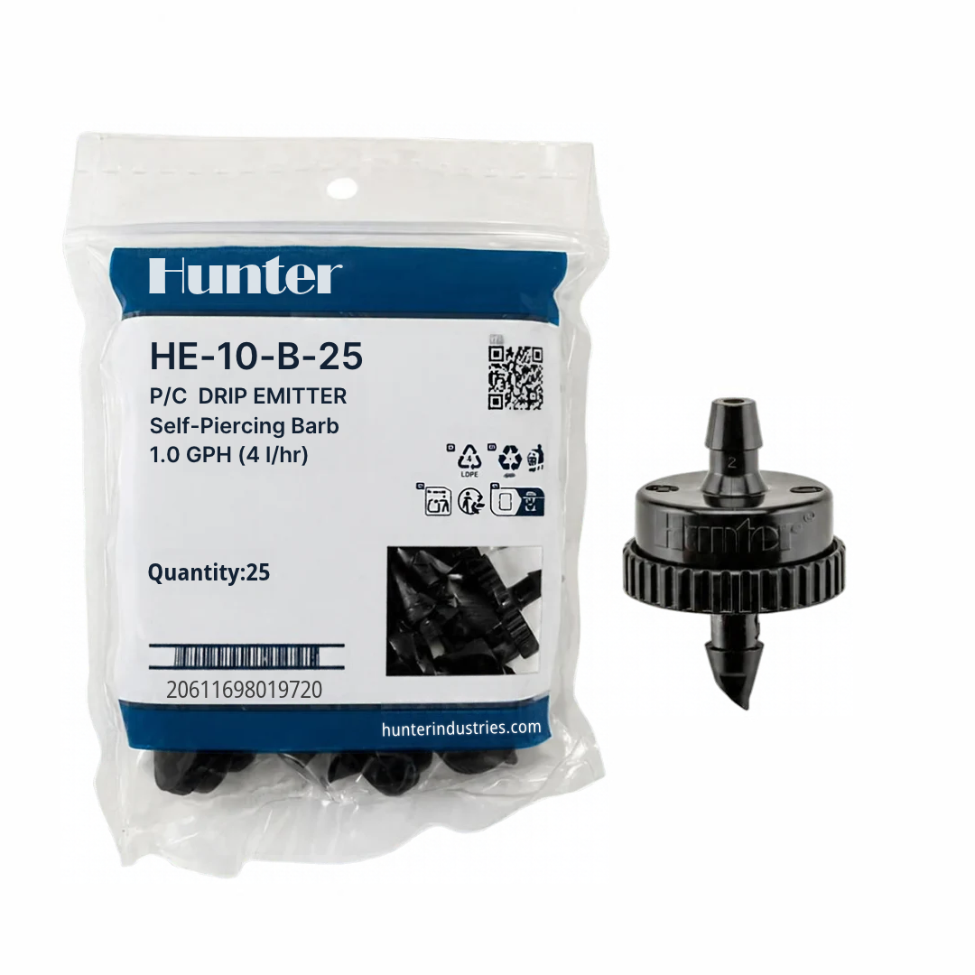 Hunter - 1.0 GPH PC Drip Emitter, Barb Inlet (Bag of 25) - HE-10-B-25
