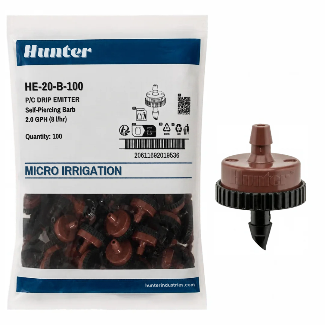 Hunter - 2.0 GPH PC Drip Emitter, Barb Inlet (Bag of 100) - HE-20-B-100