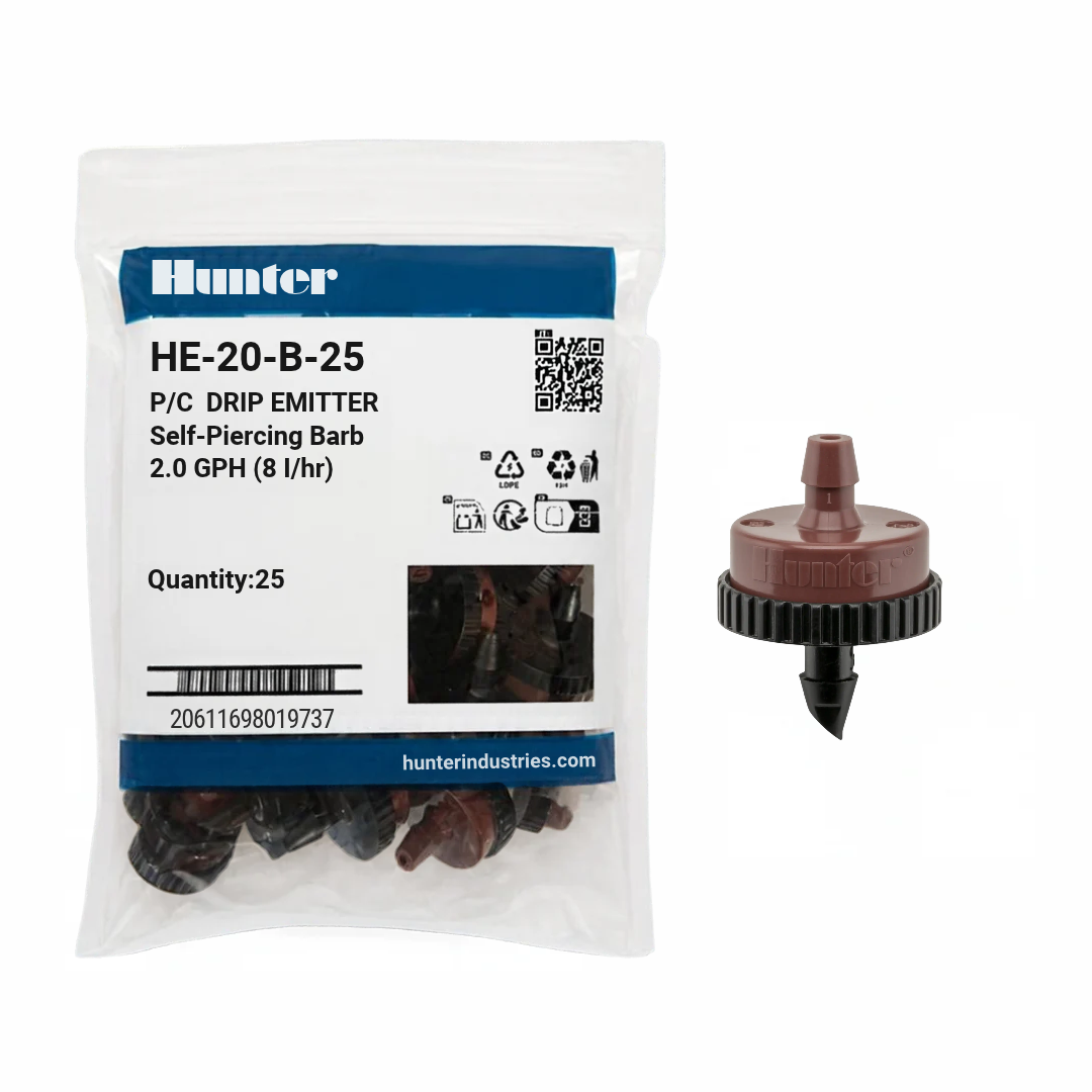 Hunter - 2.0 GPH PC Drip Emitter, Barb Inlet (Bag of 25) - HE-20-B-25