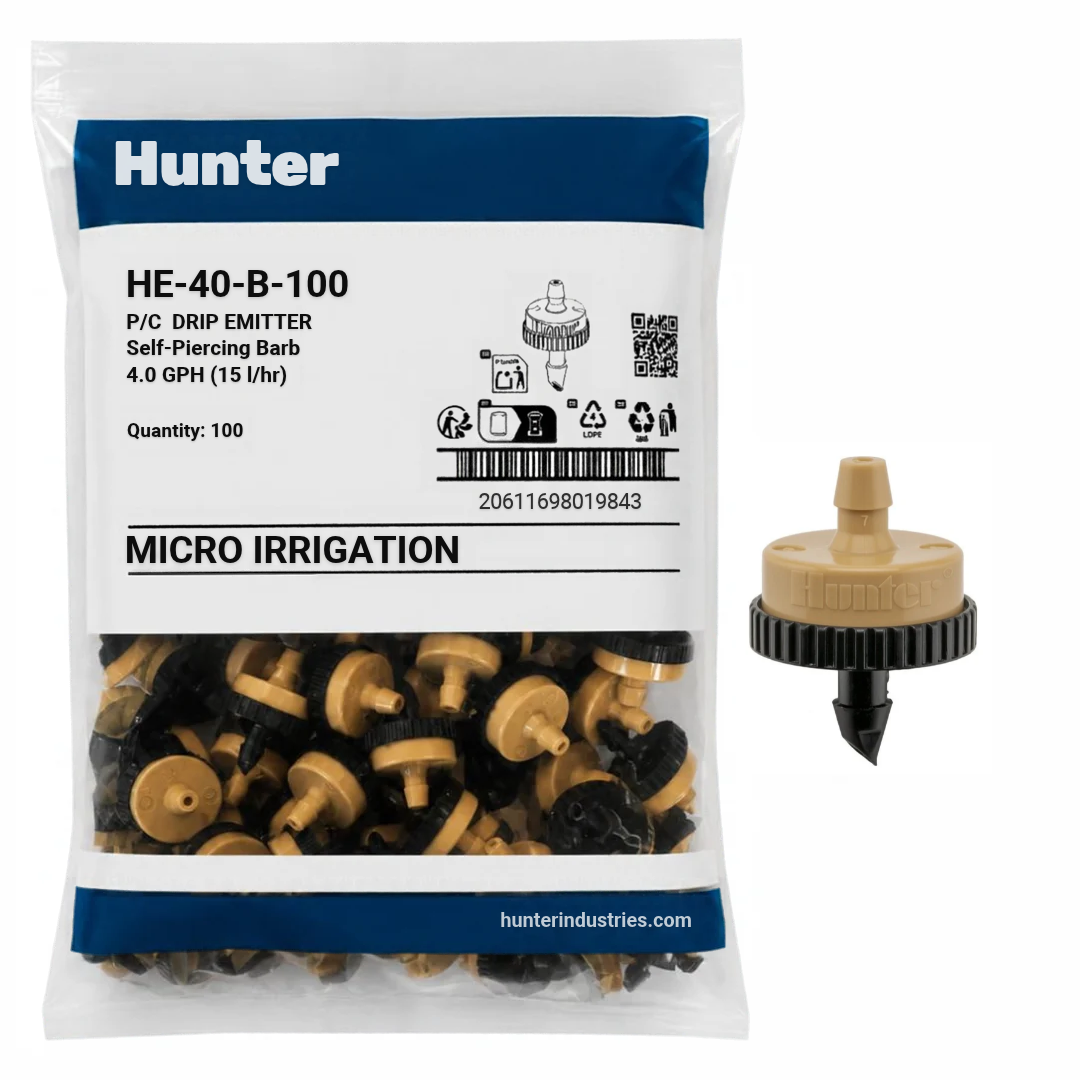 Hunter - 4.0 GPH PC Drip Emitter, Barb Inlet (Bag of 100) - HE-40-B-100