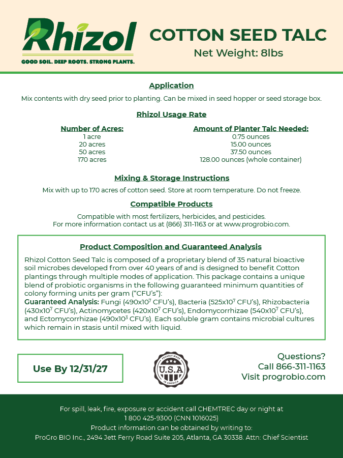 Rhizol Cotton - Microbial Infused Planter Talc (170 Acre Container)