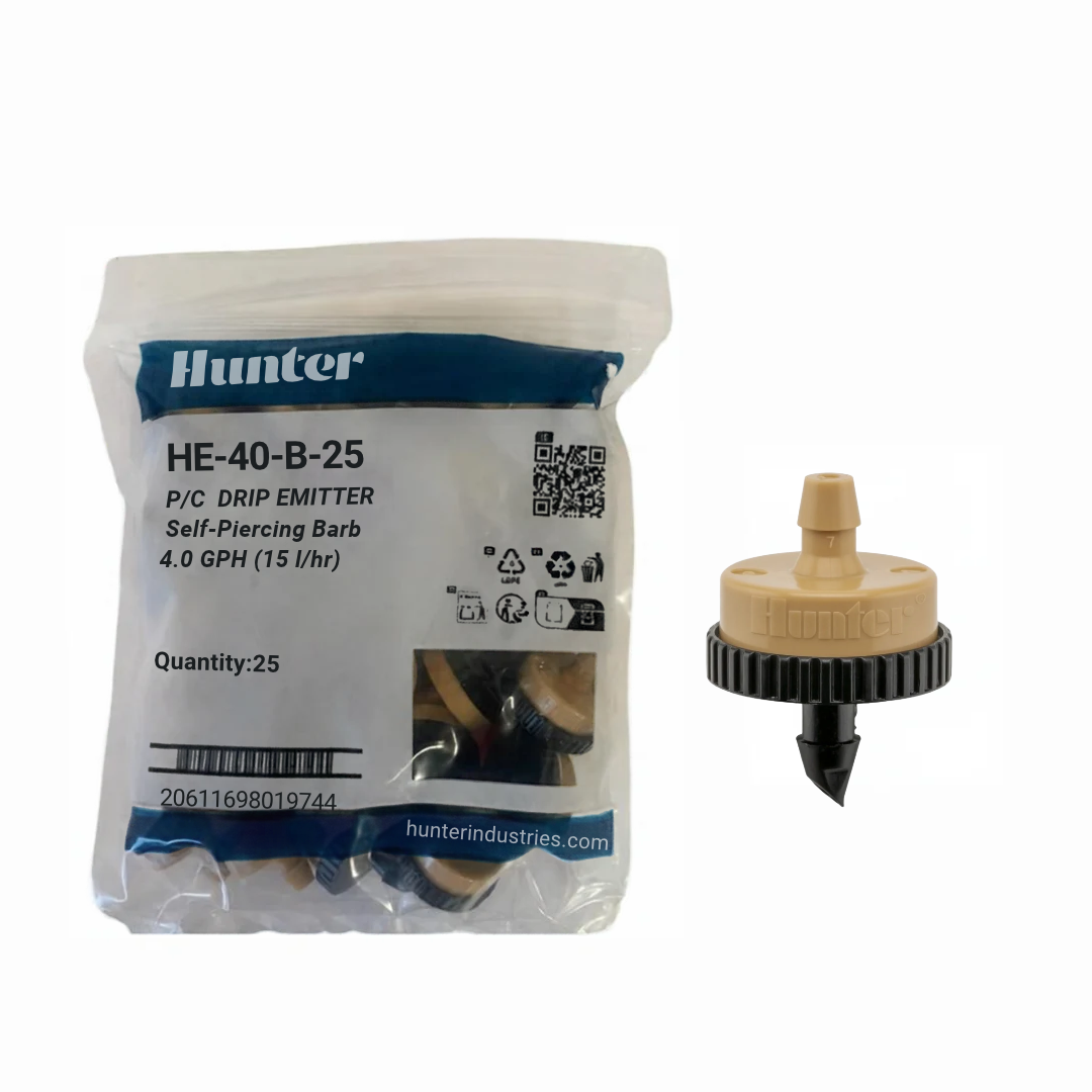 Hunter - 4.0 GPH PC Drip Emitter, Barb Inlet (Bag of 25) - HE-40-B-25