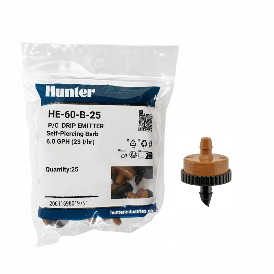 Hunter - 6.0 GPH PC Drip Emitter, Barb Inlet (Bag of 25) - HE-60-B-25