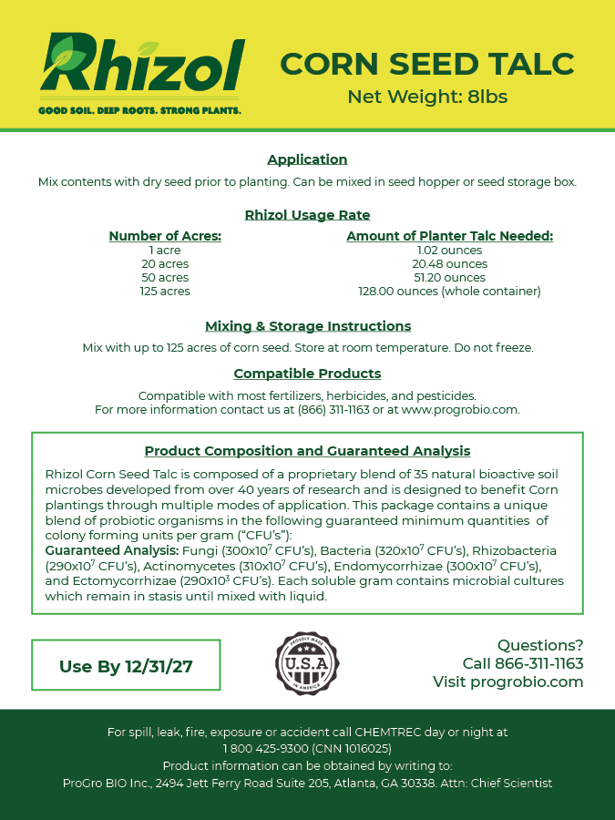Rhizol Corn - Microbial Infused Planter Talc (125 Acre Container)