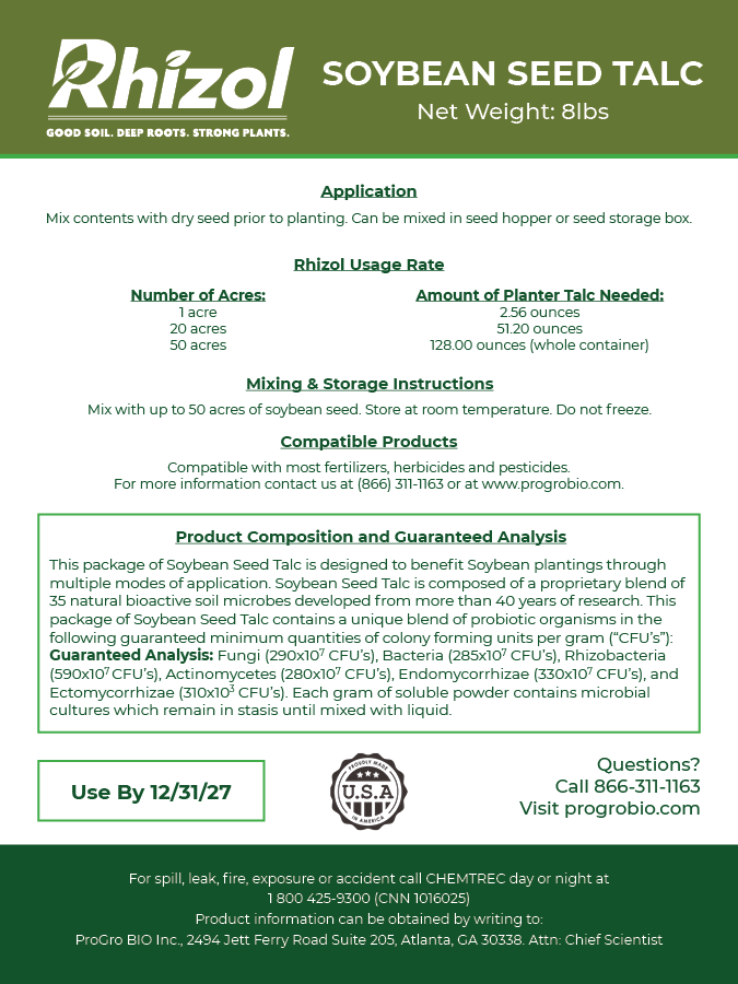 Rhizol Soybean - Microbial Infused Planter Talc (50 Acre Container)